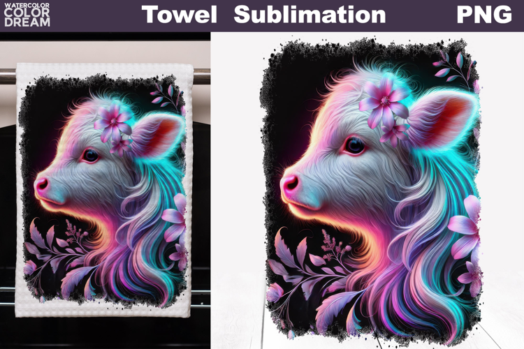 Neon Cow with Flowers | Farm Towel Sublimation