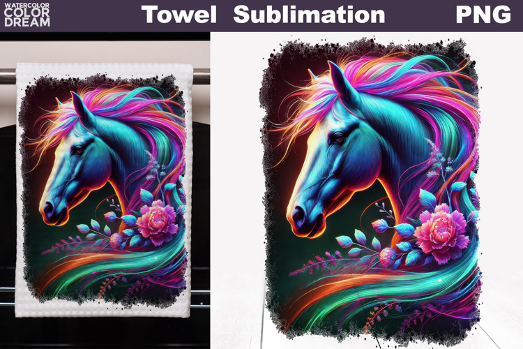Neon Horse with Flowers | Farm Towel Sublimation