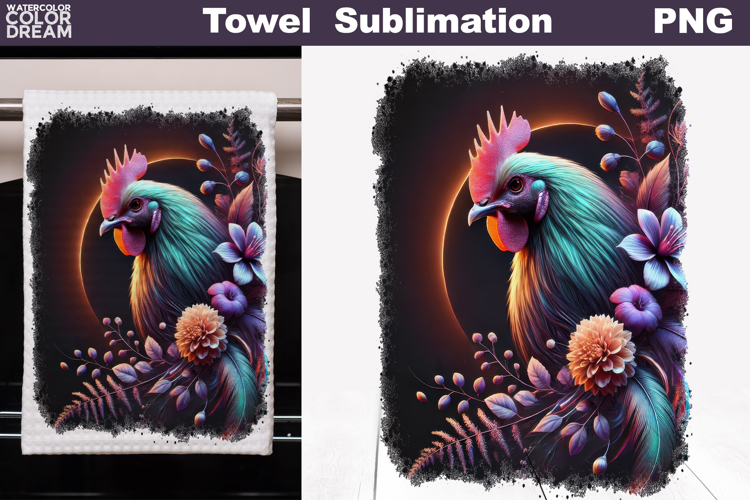 Neon Rooster with Flowers | Farm Towel Sublimation