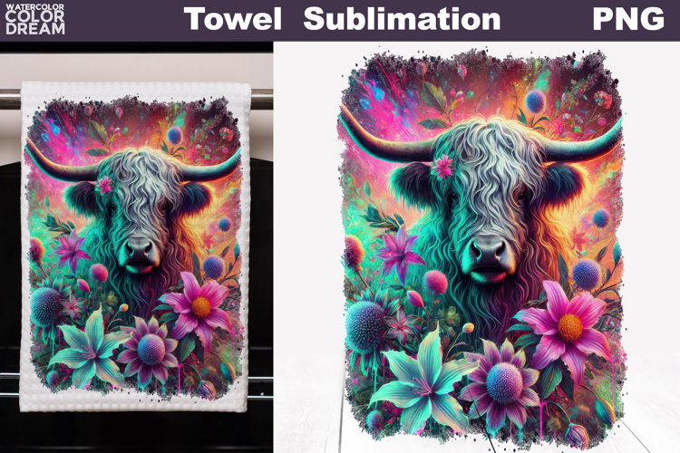 Neon Highland Cow with Flowers | Farm Towel Sublimation