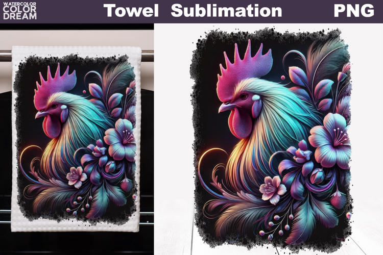 Neon Rooster with Flowers | Farm Towel Sublimation
