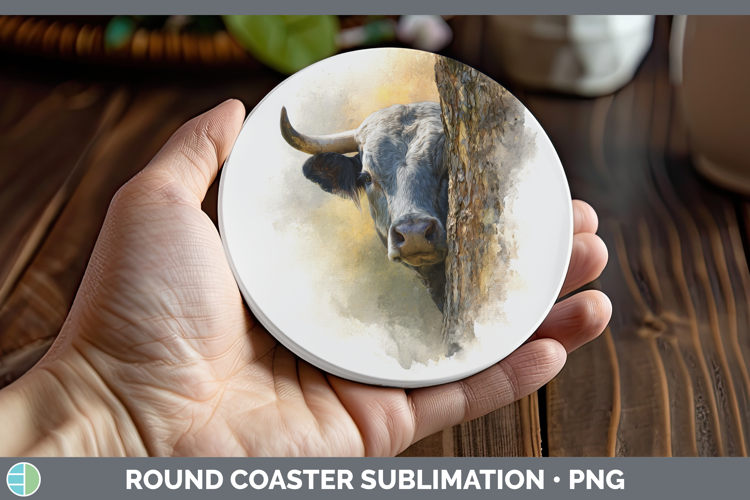 Bull Farm Tree Peek Round Coaster Sublimation Design