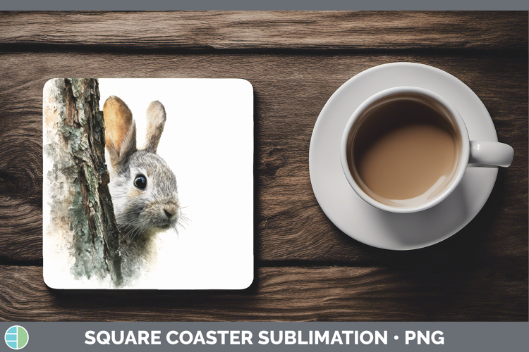 Bunny Farm Tree Peek Square Coaster Sublimation Design