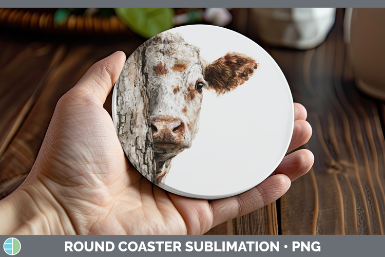 Cow Farm Tree Peek Round Coaster Sublimation Design