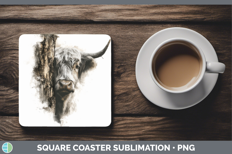 Highland Cow Farm Tree Peek Square Coaster Sublimation Desig