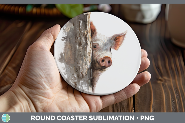 Pig Farm Tree Peek Round Coaster Sublimation Design