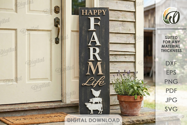 3D Farm Vertical Door Sign LaserCut. Happy farm life SVG
