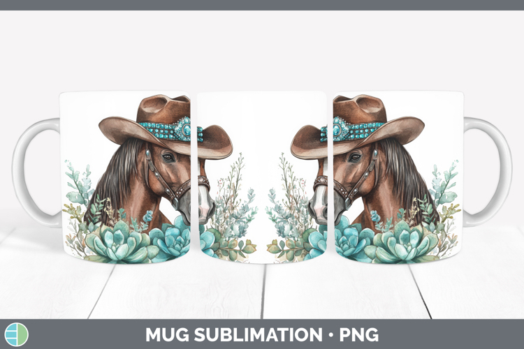 Horse Mug Wrap Farm Western Teal Sublimation Coffee Cup Desi