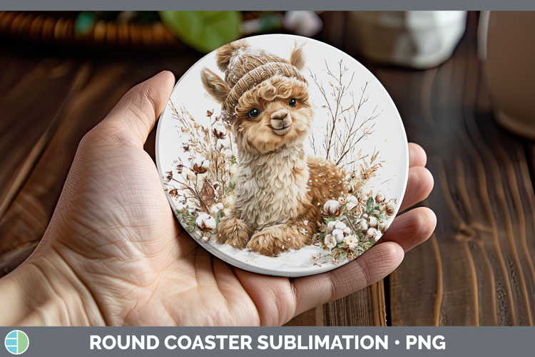 Alpaca Farm Winter Knit Hat Round Coaster Sublimation Design