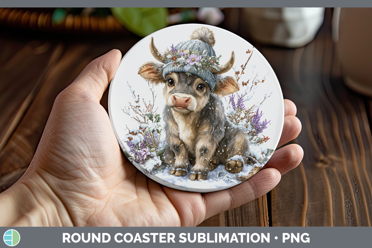 Bull Farm Winter Knit Hat Round Coaster Sublimation Design