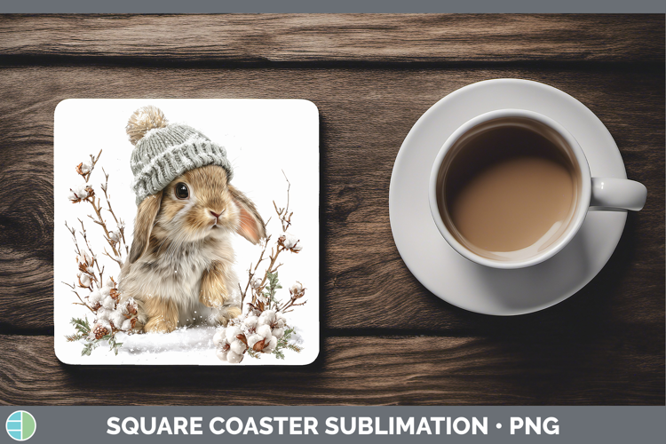 Bunny Farm Winter Knit Hat Square Coaster Sublimation Design