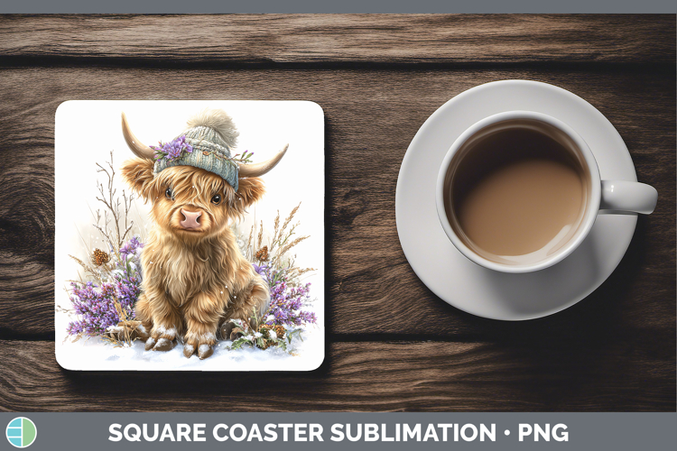 Highland Cow Farm Winter Knit Hat Square Coaster Sublimation