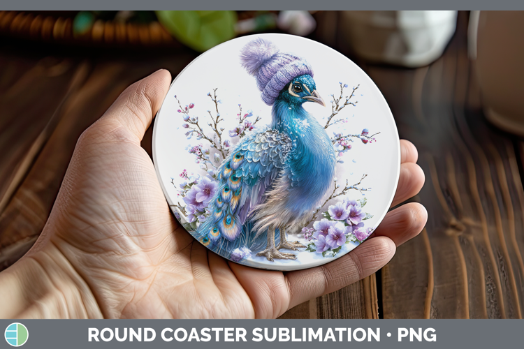 Peacock Farm Winter Knit Hat Round Coaster Sublimation Desig