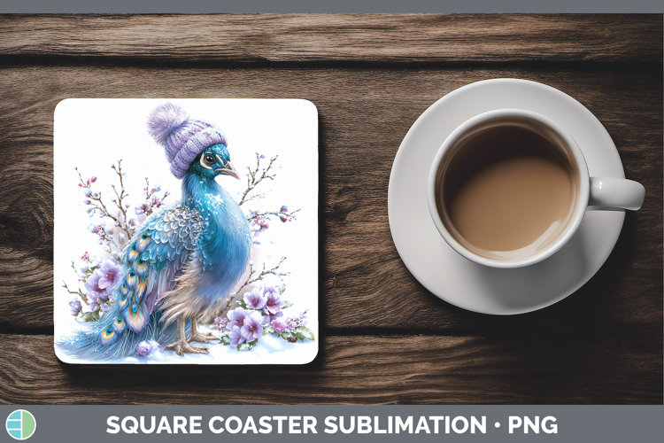 Peacock Farm Winter Knit Hat Square Coaster Sublimation Desi