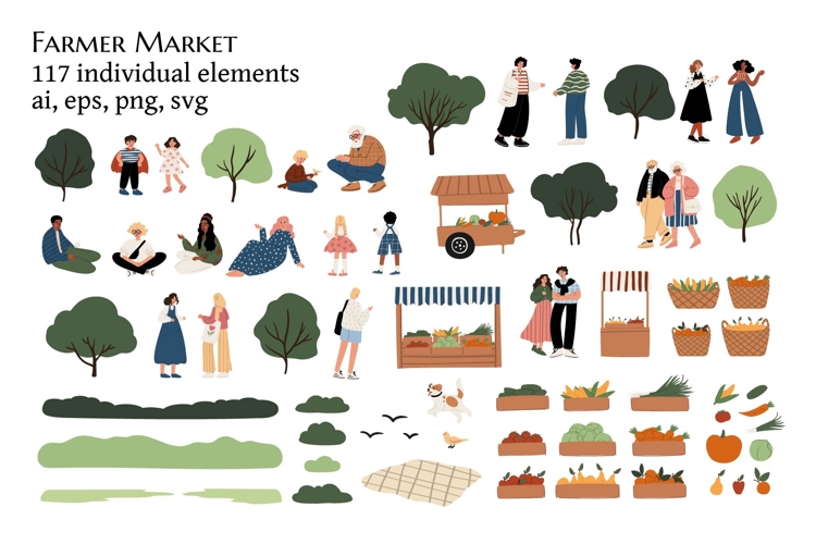 Diverse People at Farmers Market clipart, Element Set