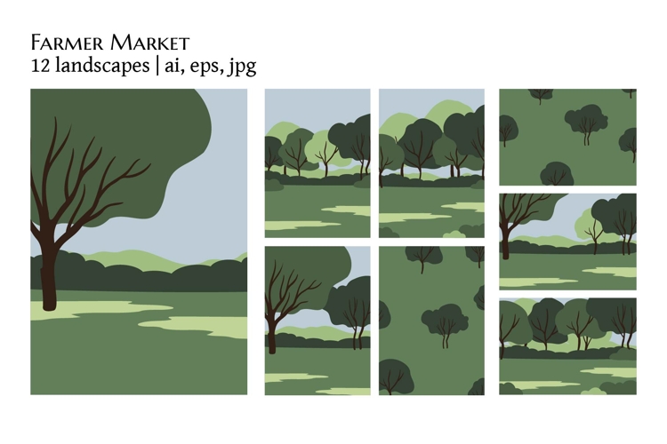 Landscapes illustration set with trees hills and nature
