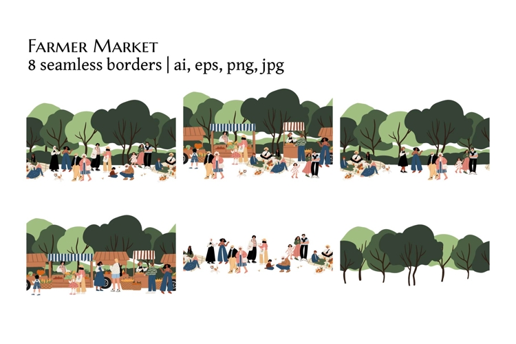 Diverse People at Farmers Market Seamless Borders set