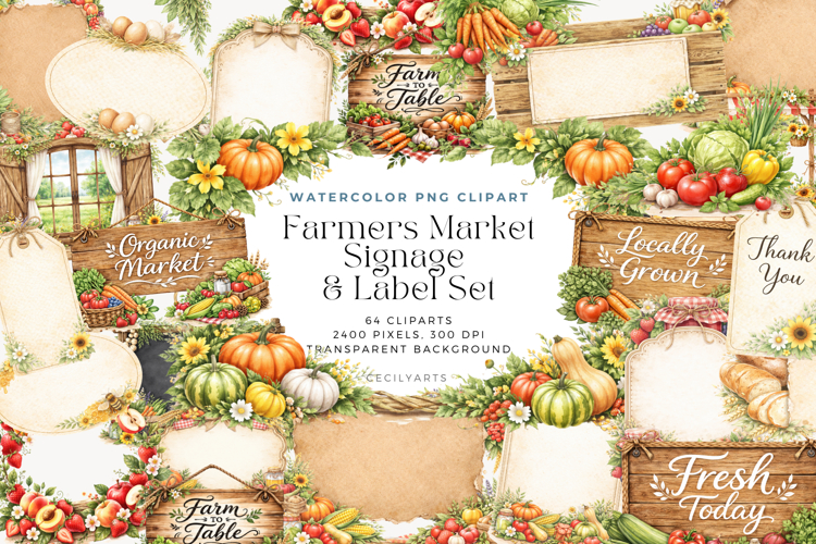 Farmers Market Clipart Rustic Watercolor Sign Labels