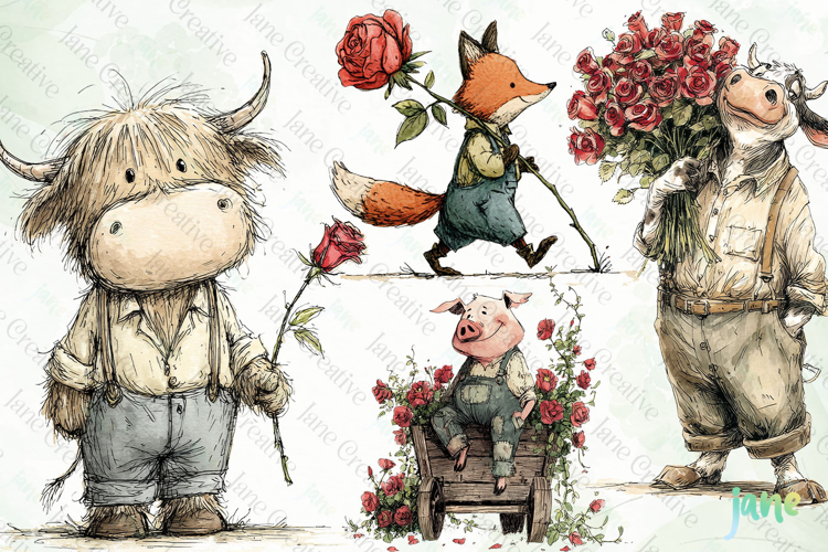 Farmhouse Animal And Roses Clipart