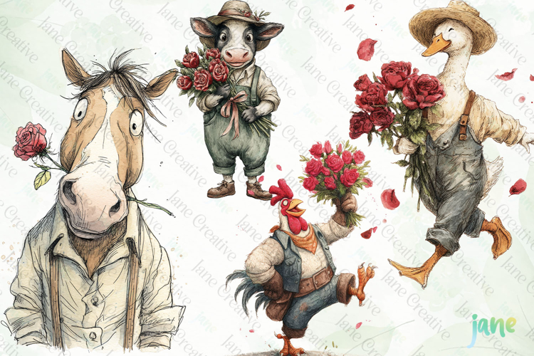 Farmhouse Animal And Roses Clipart
