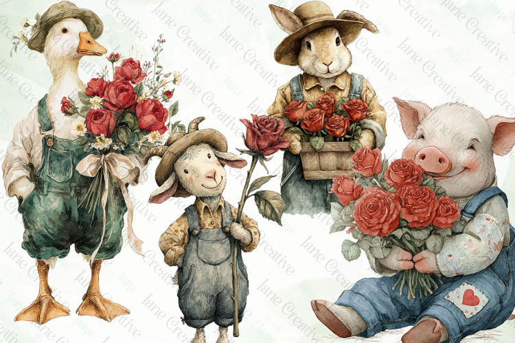 Farmhouse Animal And Roses Clipart