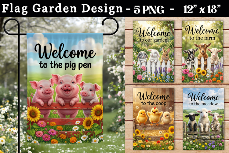 Farmhouse Garden Flag Design, Cute Farm Animals Sublimation