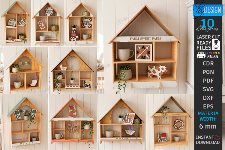 Farmhouse House Shelves Laser Cut Bundle | Rustic Wall Shelf