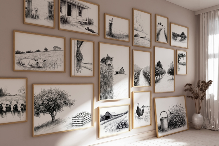 Farmhouse Sketch Wall Art, Set of 100
