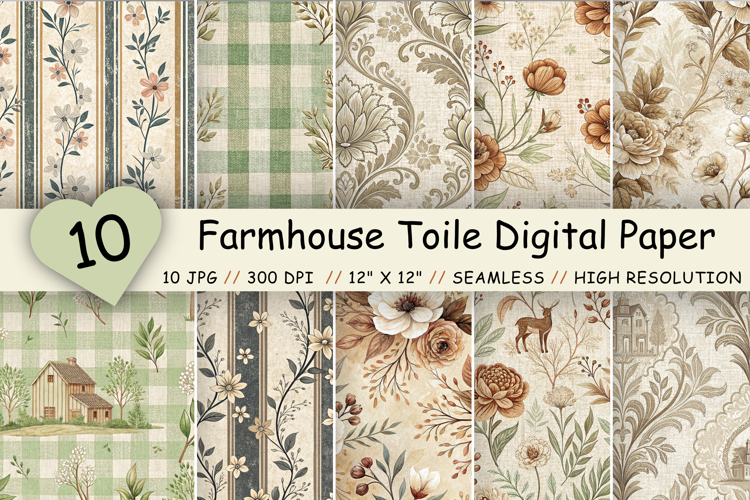 Farmhouse Toile Digital Paper Pack, Vintage Floral Toile
