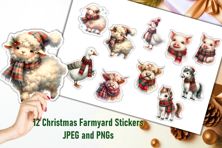 10 Christmas Farmyard Stickers JPEG and PNGs