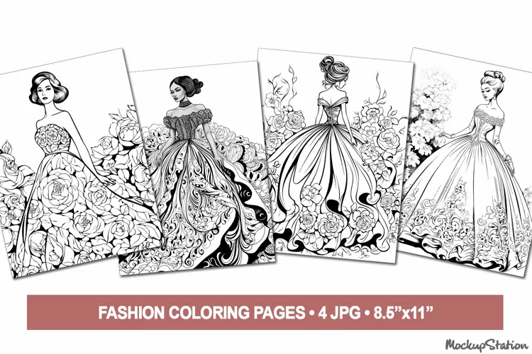 Coloring Pages for Adults | Princess Fashion Dresses JPG