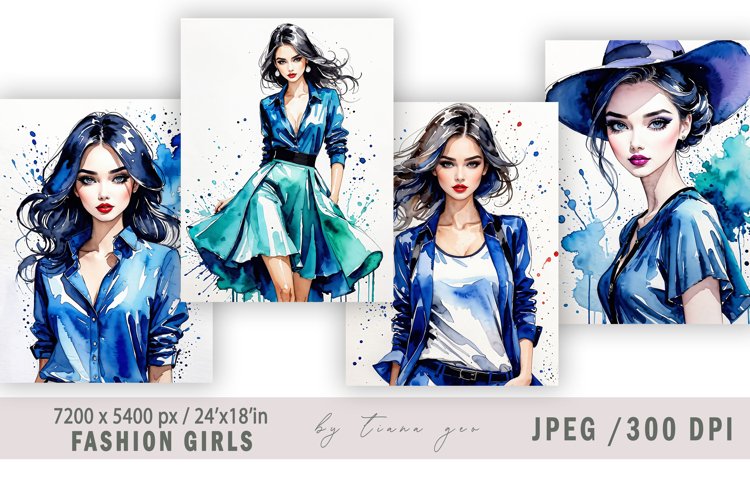 Watercolor fashion girl illustration for posters - 4 jpgs example image 1