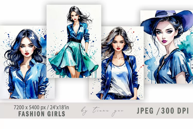 Watercolor fashion girl illustration for posters - 4 jpgs