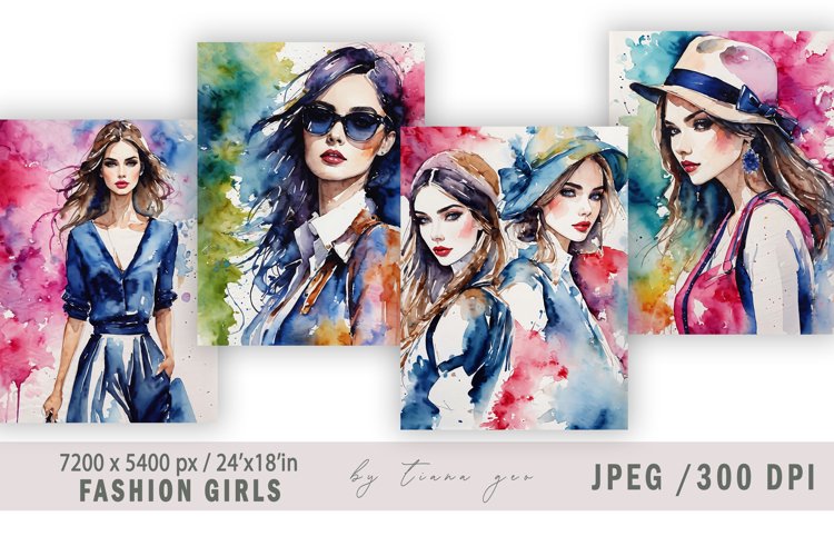 Watercolor fashion girl illustration for posters - 4 jpgs example image 1