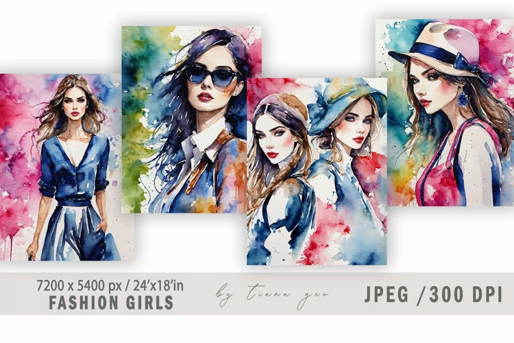 Watercolor fashion girl illustration for posters - 4 jpgs