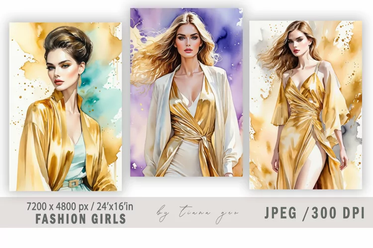 Watercolor fashion girl illustration for posters - 3 jpgs