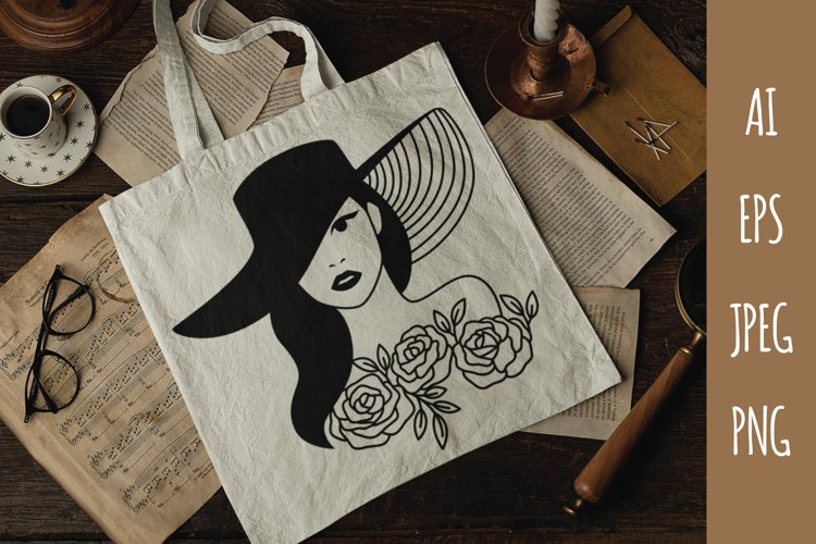 Elegant Woman in Floppy Hat with a Bunch of Roses Design example image 1