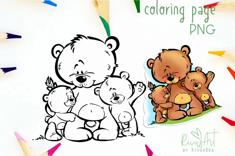 Father's day coloring page | Digital Stamp Daddy Bear PNG