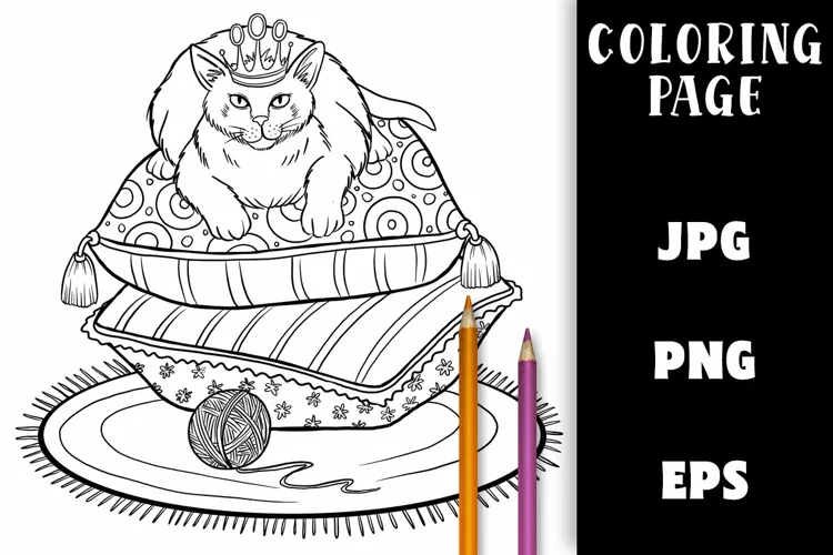 Fat House Cat Coloring - Chubby Cat on a Pillow