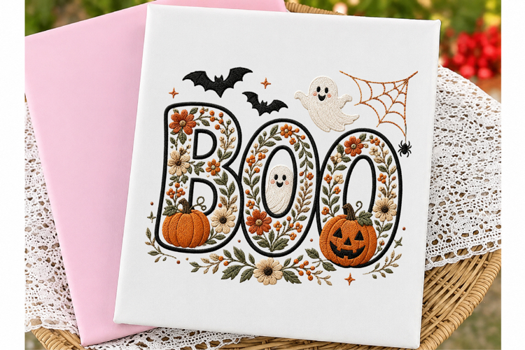 Faux Embroidery Floral Boo Png