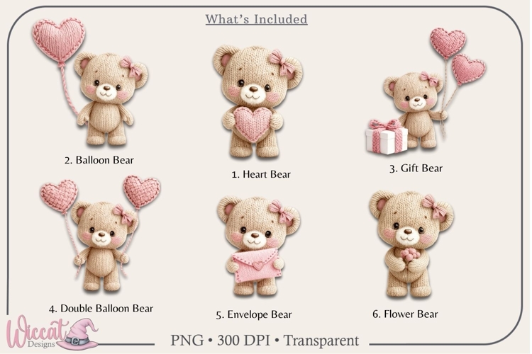 Knitted Heart Bear PNG Bundle, Faux Yarn Teddy Bears,