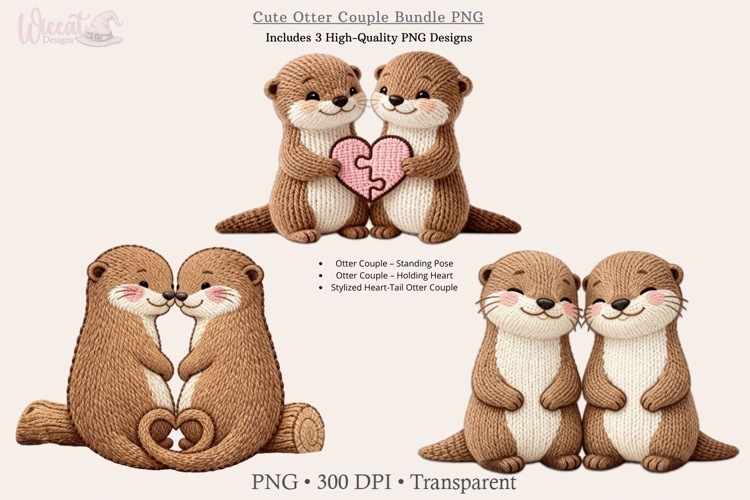 Cute Otter Couple Bundle PNG | Faux Knitted Otter Love