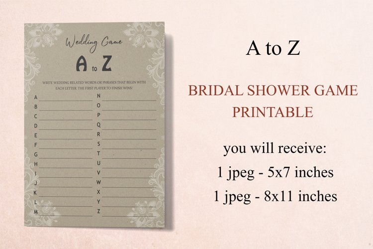 A to Z Bridal Shower Game, Wedding Game Printable