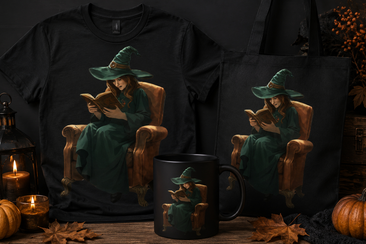 Witch Reading Book PNG | Cozy Halloween Witch Clipart