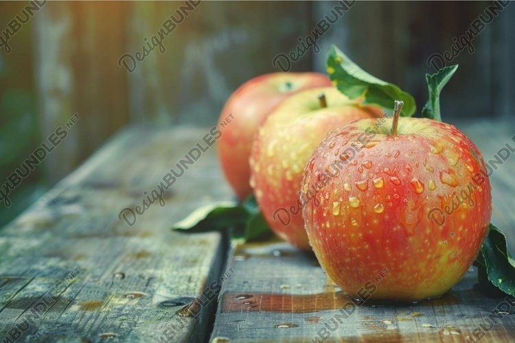 Fresh dewy apples on rustic wooden table example image 1