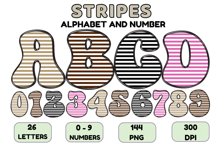 Stripes Alphabet Letters & Numbers Clipart PNG 300DI
