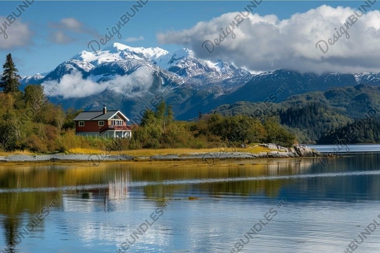 Red wooden cabin reflecting in calm water with snow capped m
