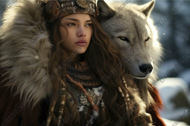 Warrior woman with wolf companion in snowy landscape example image 1