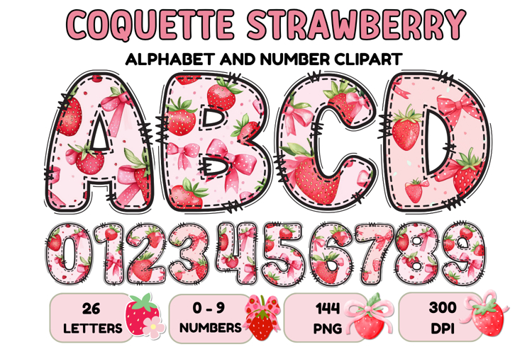 Coquette Strawberry Alphabet PNG Letters & Numbers 300DPI