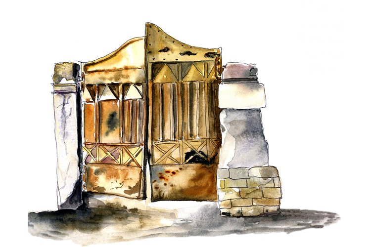 Watercolor sketch of the old, metal doors.